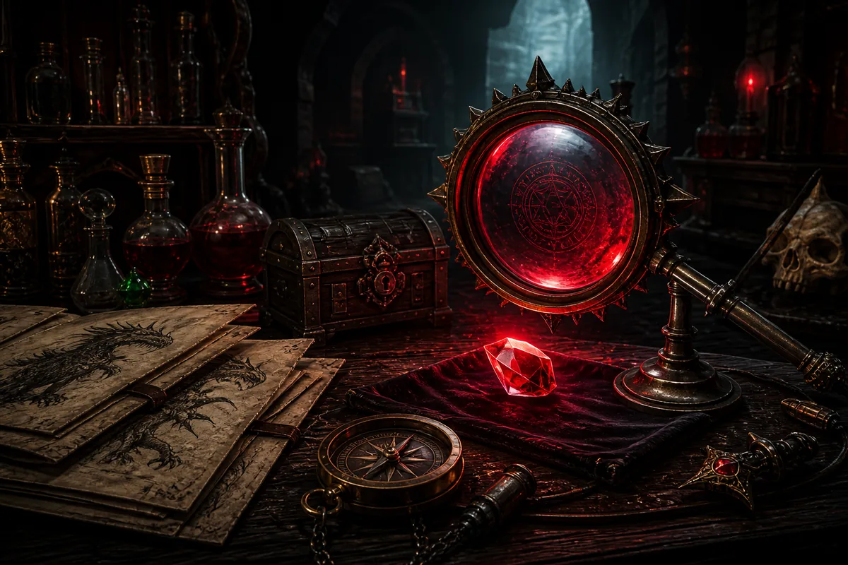 Mesa de búsqueda de objetos con joya, brújula y lente arcana