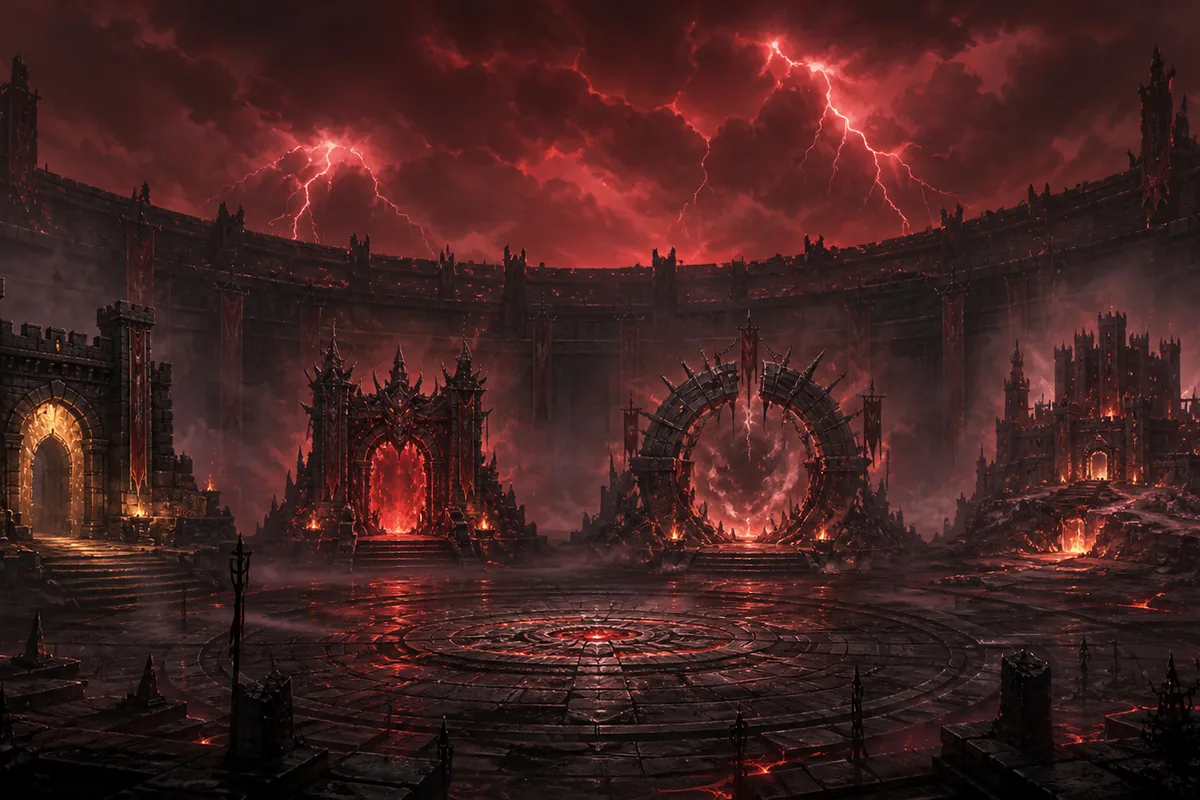 Arena de eventos con portales, fortaleza y cielo de tormenta