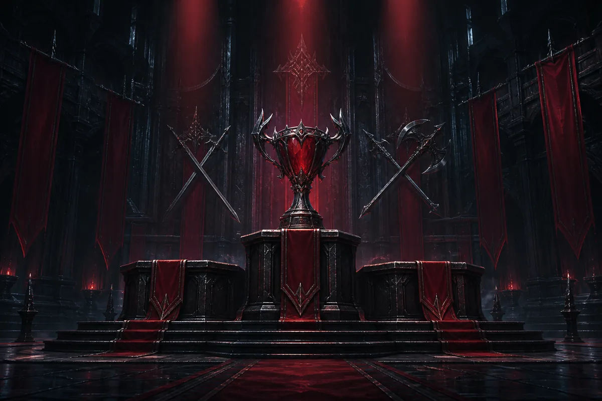Salón de campeones con trofeo y podios de clasificación